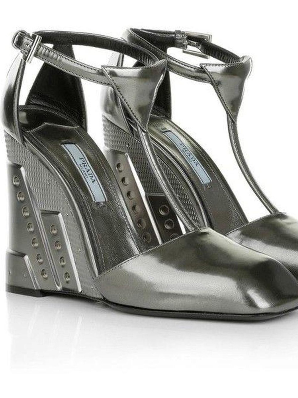 Prada Metallic Silver Leather Architectural Wedge Heels | RARE